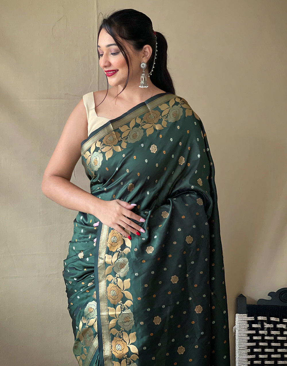 Dark Green Soft Silk Saree With Golden Zari Weaving Work