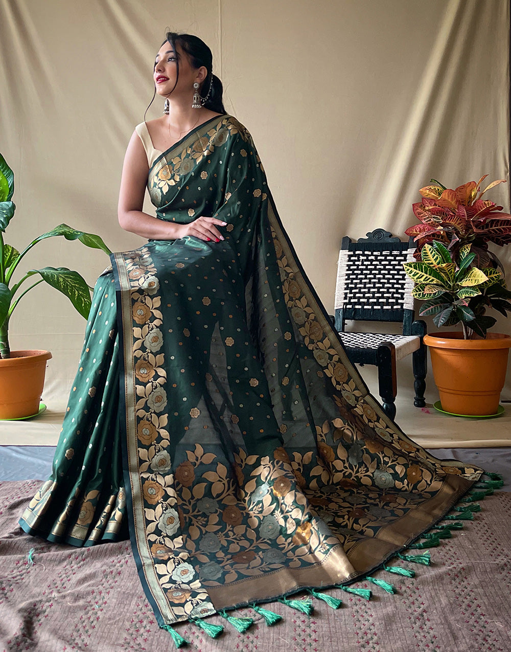 Dark Green Soft Silk Saree With Golden Zari Weaving Work