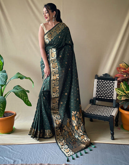 Dark Green Soft Silk Saree With Golden Zari Weaving Work