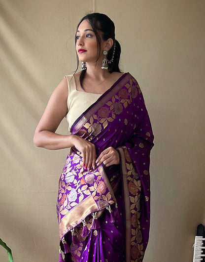 Violet Soft Silk Saree With Golden Zari Weaving Work