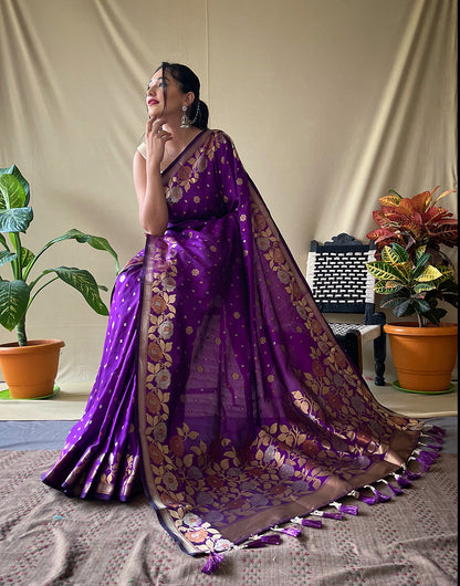 Violet Soft Silk Saree With Golden Zari Weaving Work