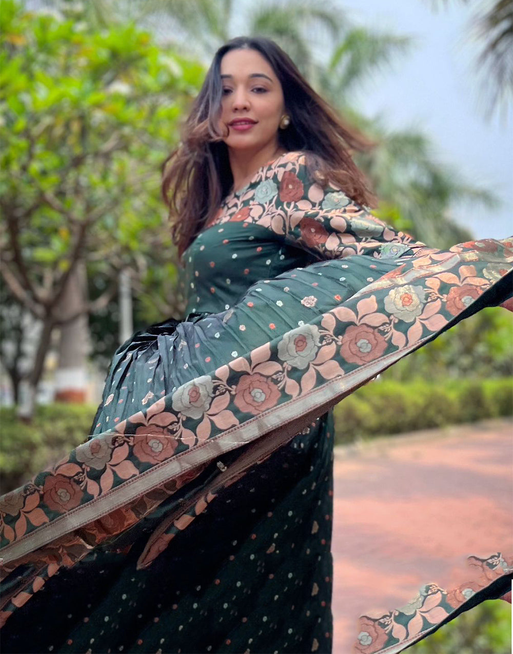 Dark Green Banarasi Silk Copper Zari Weaving Designer Gown