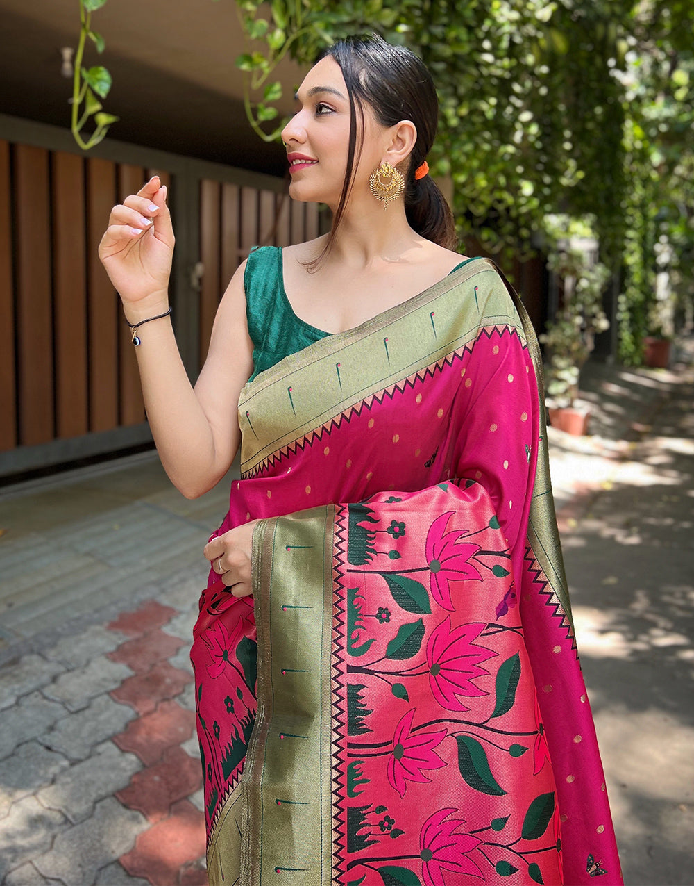 Dark Pink Paithani Silk Saree With Zari Weaving Work