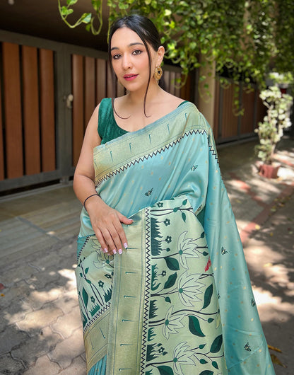 Middle Blue Paithani Silk Saree With Zari Weaving Work