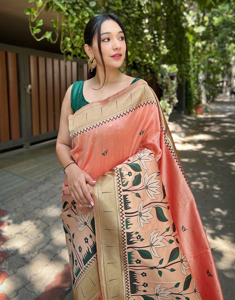 Light Salmon Peach Paithani Silk Saree With Zari Weaving Work