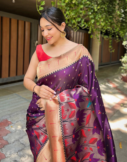 Wine Paithani Silk Saree With Zari Weaving Work