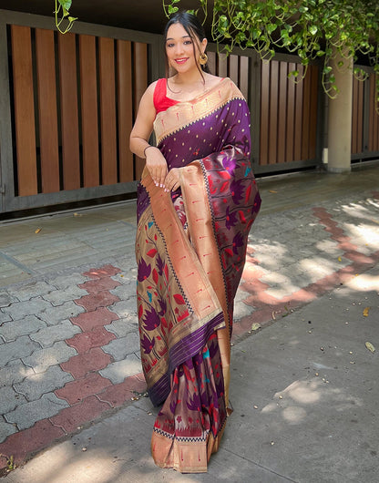 Wine Paithani Silk Saree With Zari Weaving Work