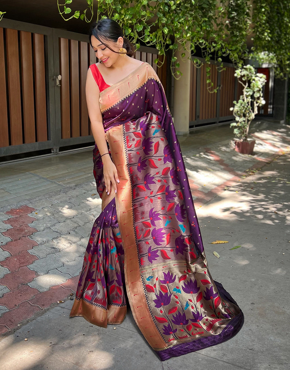 Wine Paithani Silk Saree With Zari Weaving Work