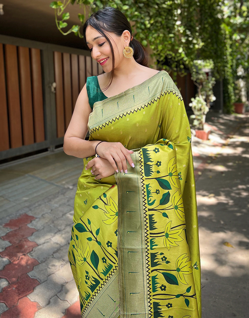 Acid Green  Paithani Silk Saree With Zari Weaving Work