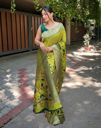 Acid Green  Paithani Silk Saree With Zari Weaving Work