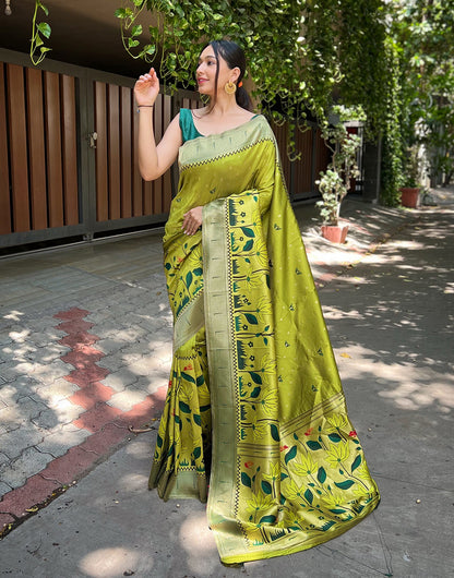 Acid Green  Paithani Silk Saree With Zari Weaving Work