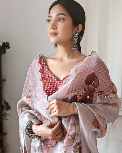 BabyPink Colour Orgenza Silk Ready To Wear Saree With Stitched Blouse