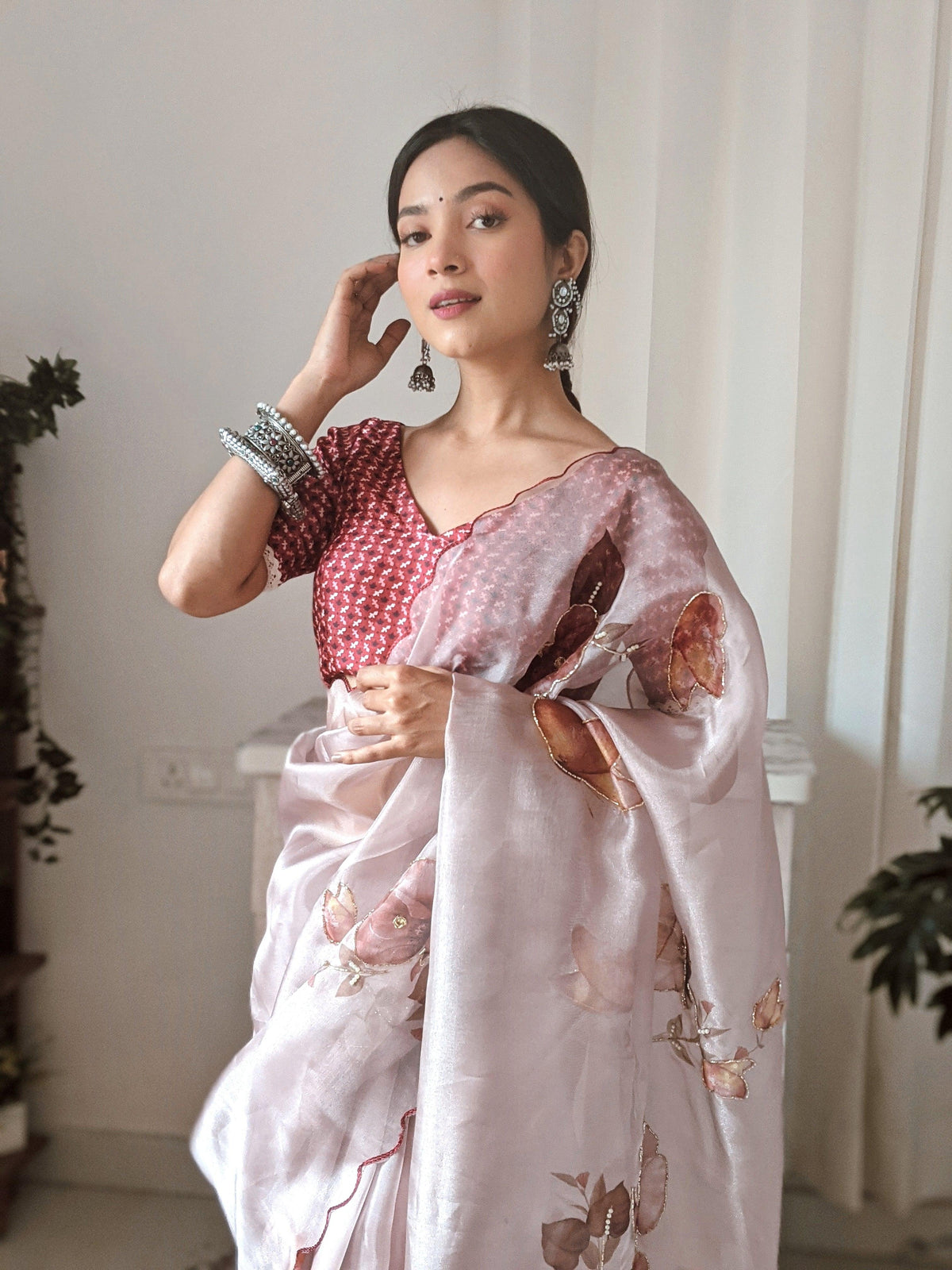 BabyPink Colour Orgenza Silk Ready To Wear Saree With Stitched Blouse