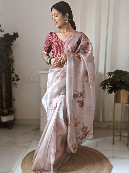 BabyPink Colour Orgenza Silk Ready To Wear Saree With Stitched Blouse