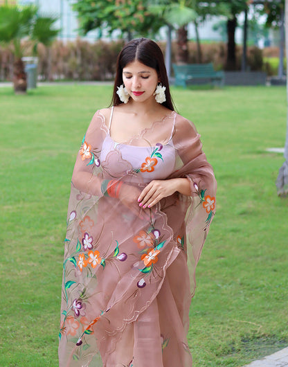 French Beige Organza Saree With Hand Print & Arco Cut Work