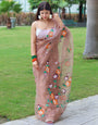 French Beige Organza Saree With Hand Print & Arco Cut Work