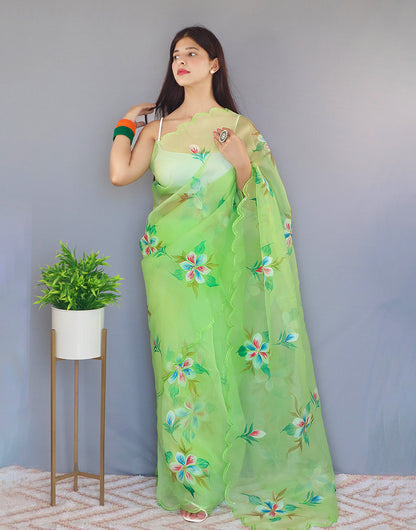 Light Green Organza Saree With Hand Print & Arco Cut Work