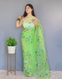 Light Green Organza Saree With Hand Print & Arco Cut Work