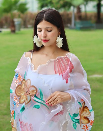 White Organza Saree With Hand Print & Arco Cut Work