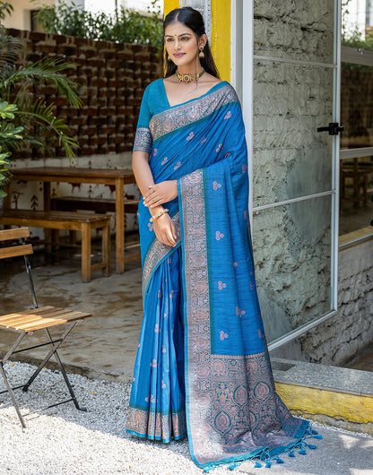 True Blue Floral Butti Banarasi Silk Saree With Zari Weaving Work