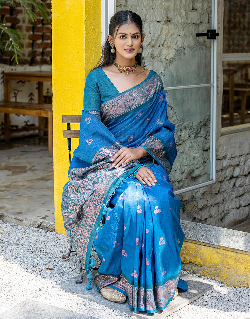 True Blue Floral Butti Banarasi Silk Saree With Zari Weaving Work