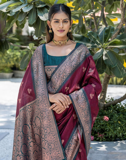 Dark Maroon Floral Butti Banarasi Silk Saree With Zari Weaving Work