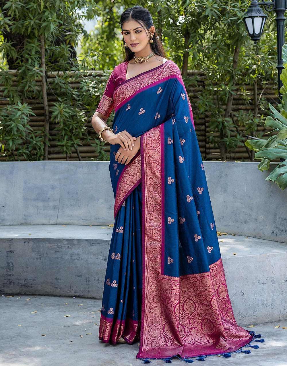 Cobalt Blue Floral Butti Banarasi Silk Saree With Zari Weaving Work