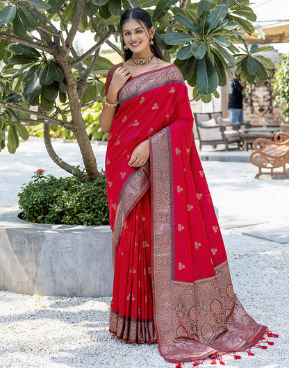 Red Floral Butti Banarasi Silk Saree With Zari Weaving Work