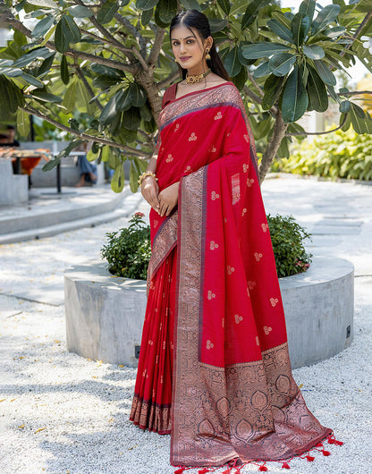 Red Floral Butti Banarasi Silk Saree With Zari Weaving Work