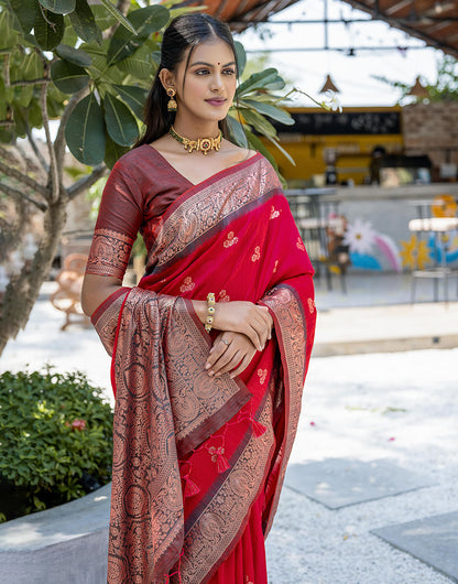 Red Floral Butti Banarasi Silk Saree With Zari Weaving Work