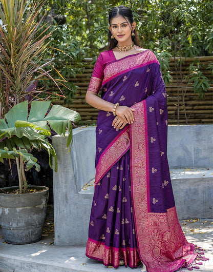 Royal Purple Floral Butti Banarasi Silk Saree With Zari Weaving Work