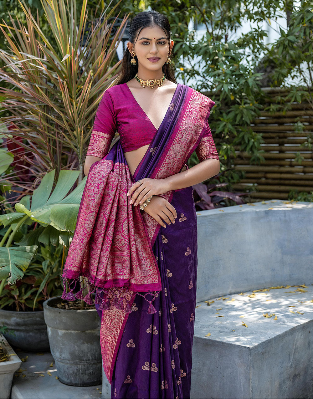 Royal Purple Floral Butti Banarasi Silk Saree With Zari Weaving Work