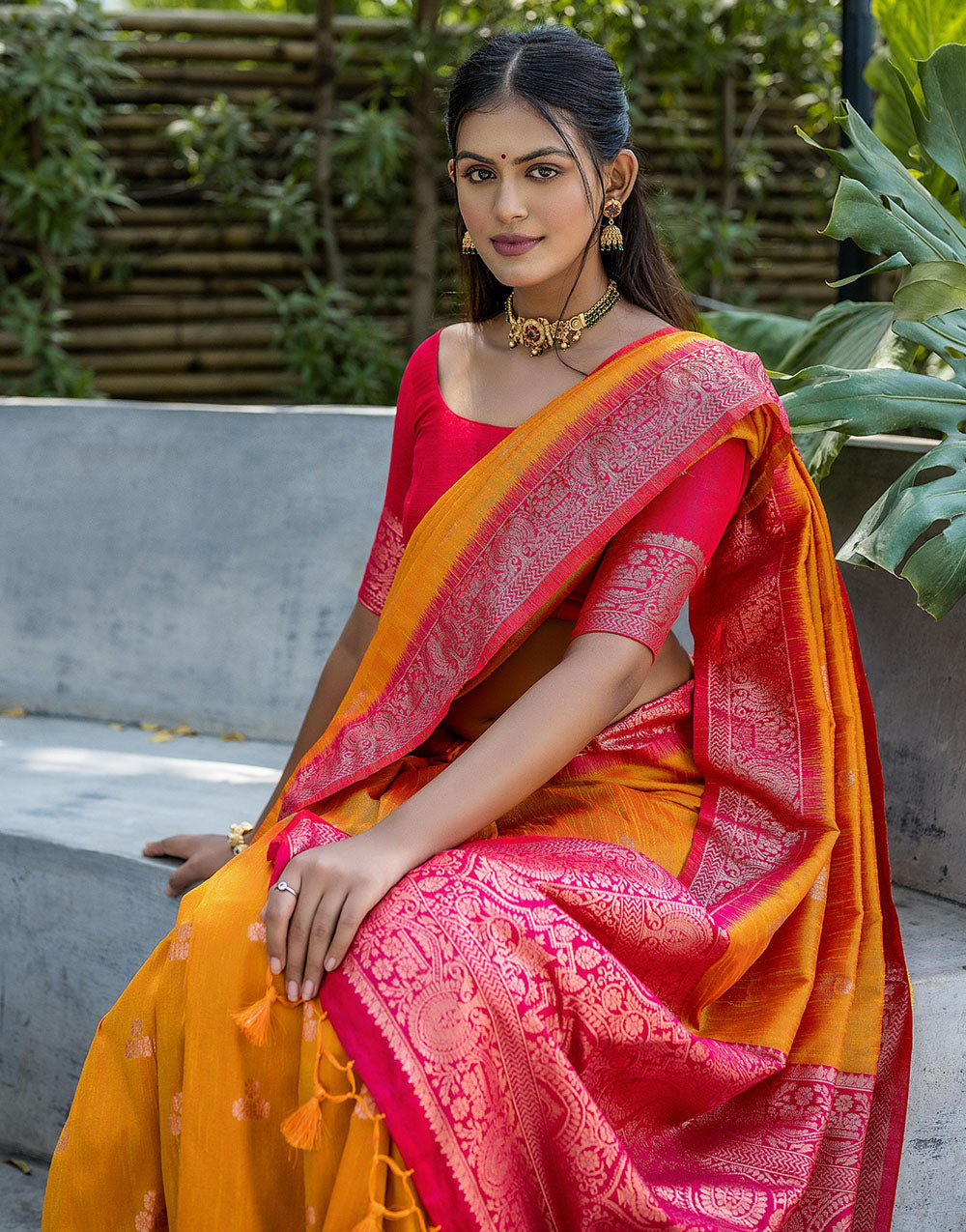 Chrome Yellow Floral Butti Banarasi Silk Saree With Zari Weaving Work