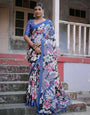 Cerulean Blue & Black Soft Silk Saree With Floral Printed Work