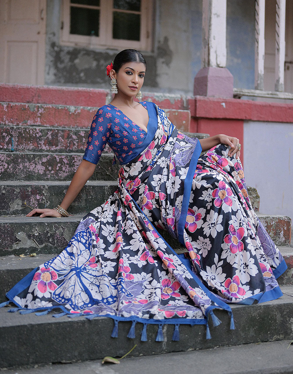 Cerulean Blue & Black Soft Silk Saree With Floral Printed Work