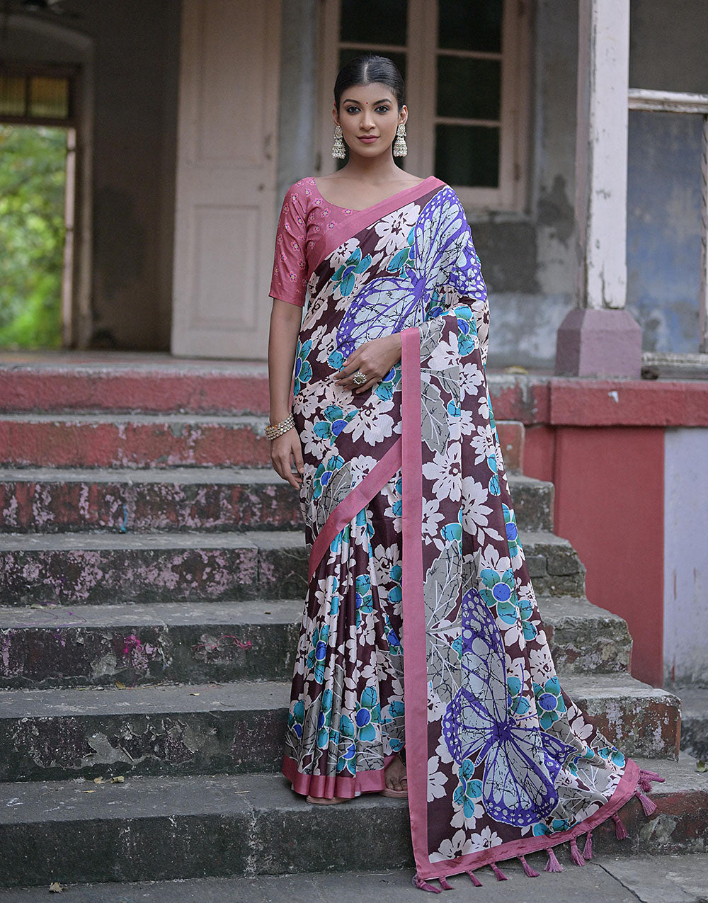 Rouge Pink & Brown Soft Silk Saree With Floral Printed Work