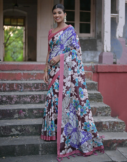 Rouge Pink & Brown Soft Silk Saree With Floral Printed Work