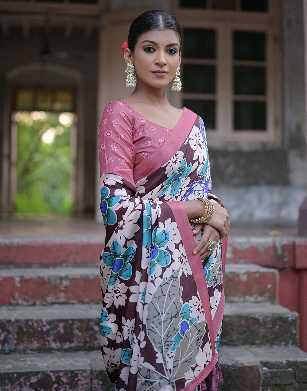 Rouge Pink & Brown Soft Silk Saree With Floral Printed Work