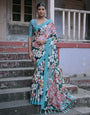 Teal Blue & Dark Green Soft Silk Saree With Floral Printed Work