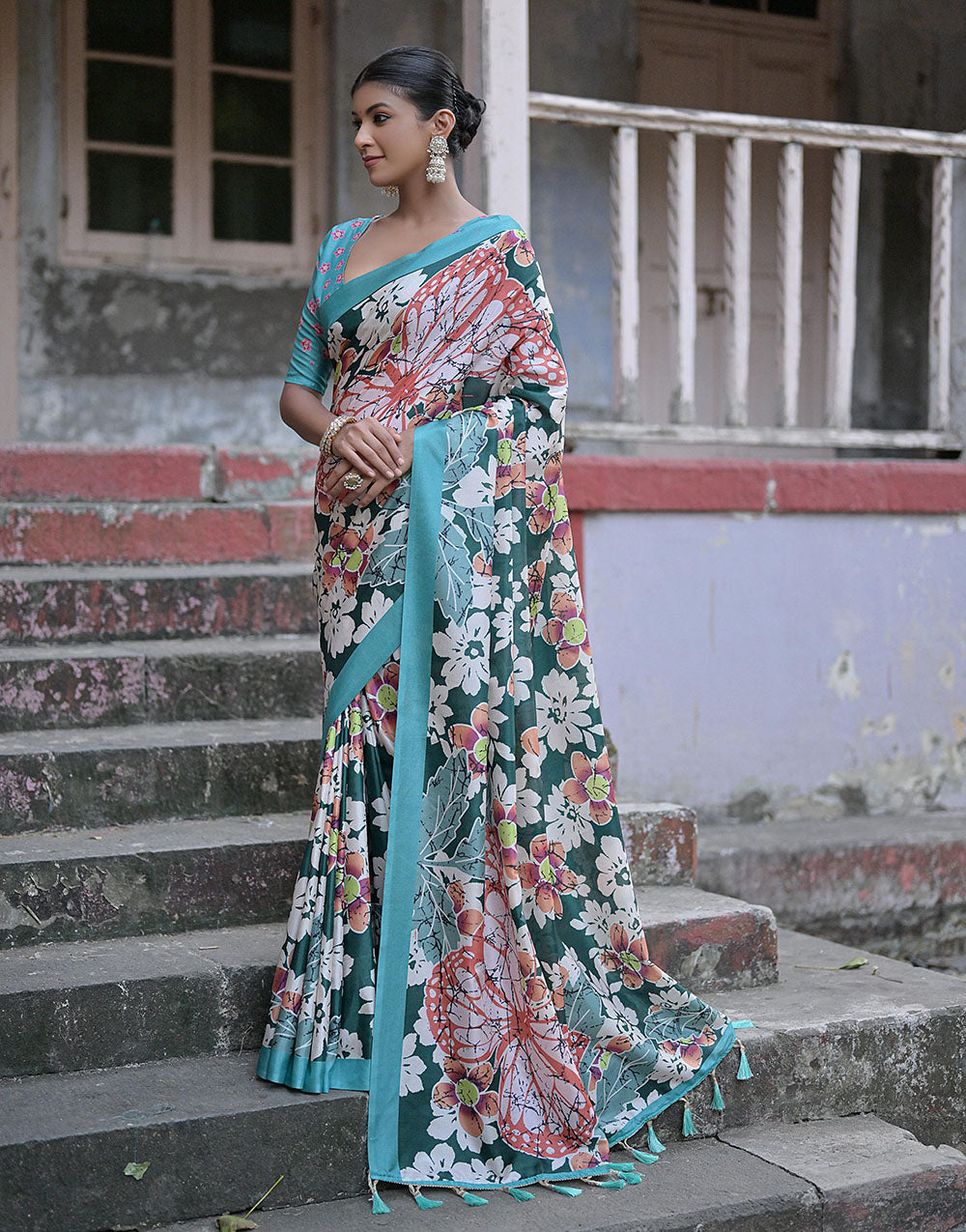 Teal Blue & Dark Green Soft Silk Saree With Floral Printed Work