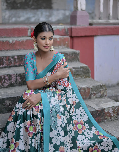 Teal Blue & Dark Green Soft Silk Saree With Floral Printed Work