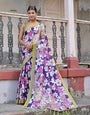 Olive Green & Indigo Soft Silk Saree With Floral Printed Work