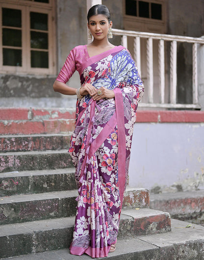 Flamingo Pink & Wine Soft Silk Saree With Floral Printed Work