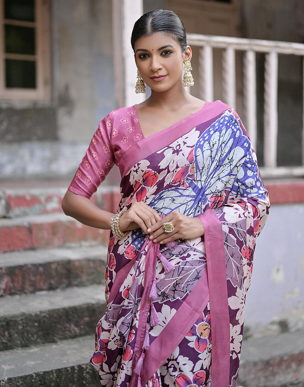 Flamingo Pink & Wine Soft Silk Saree With Floral Printed Work