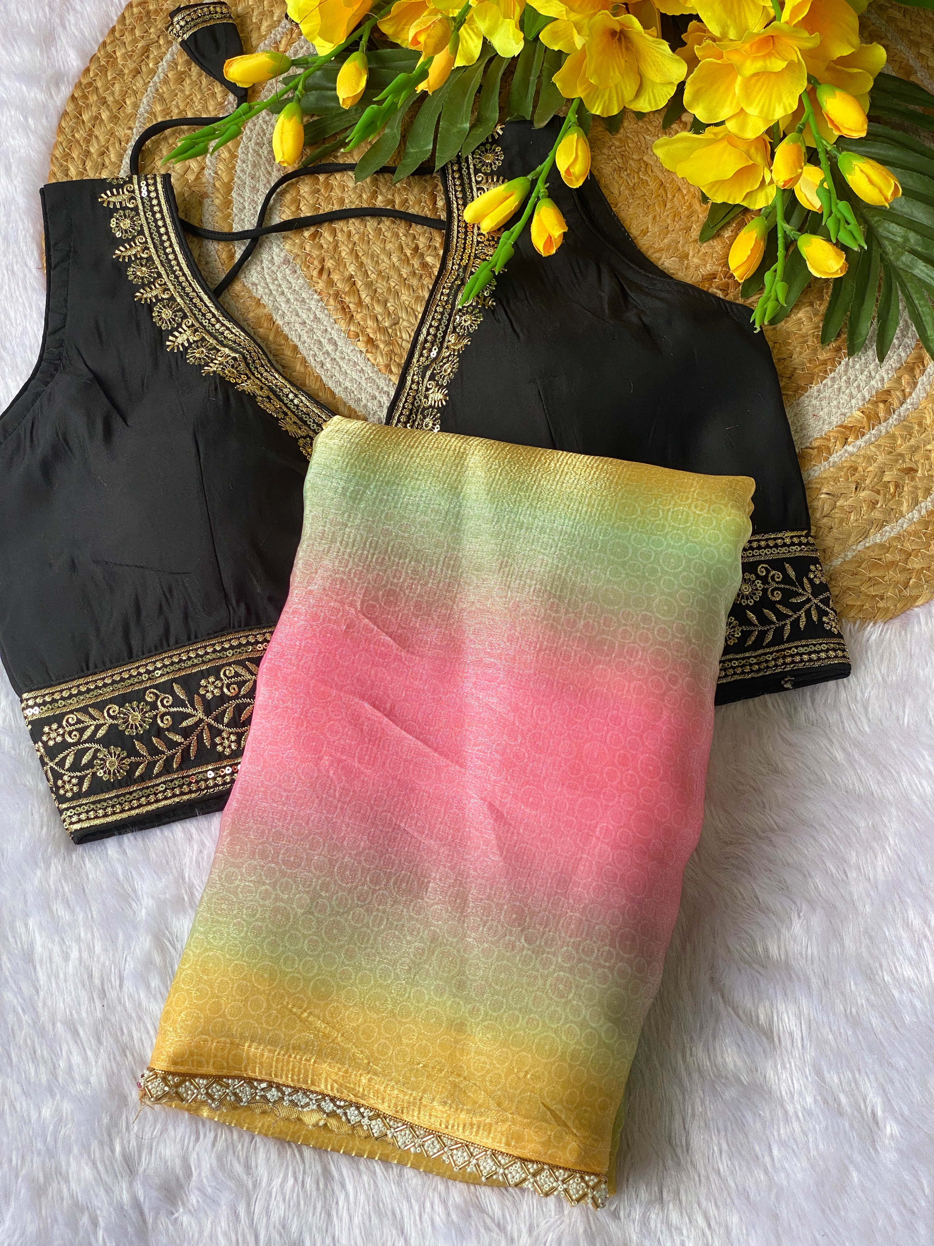 Designer Space Silk Saree with Valmoti Work & Ready Blouse