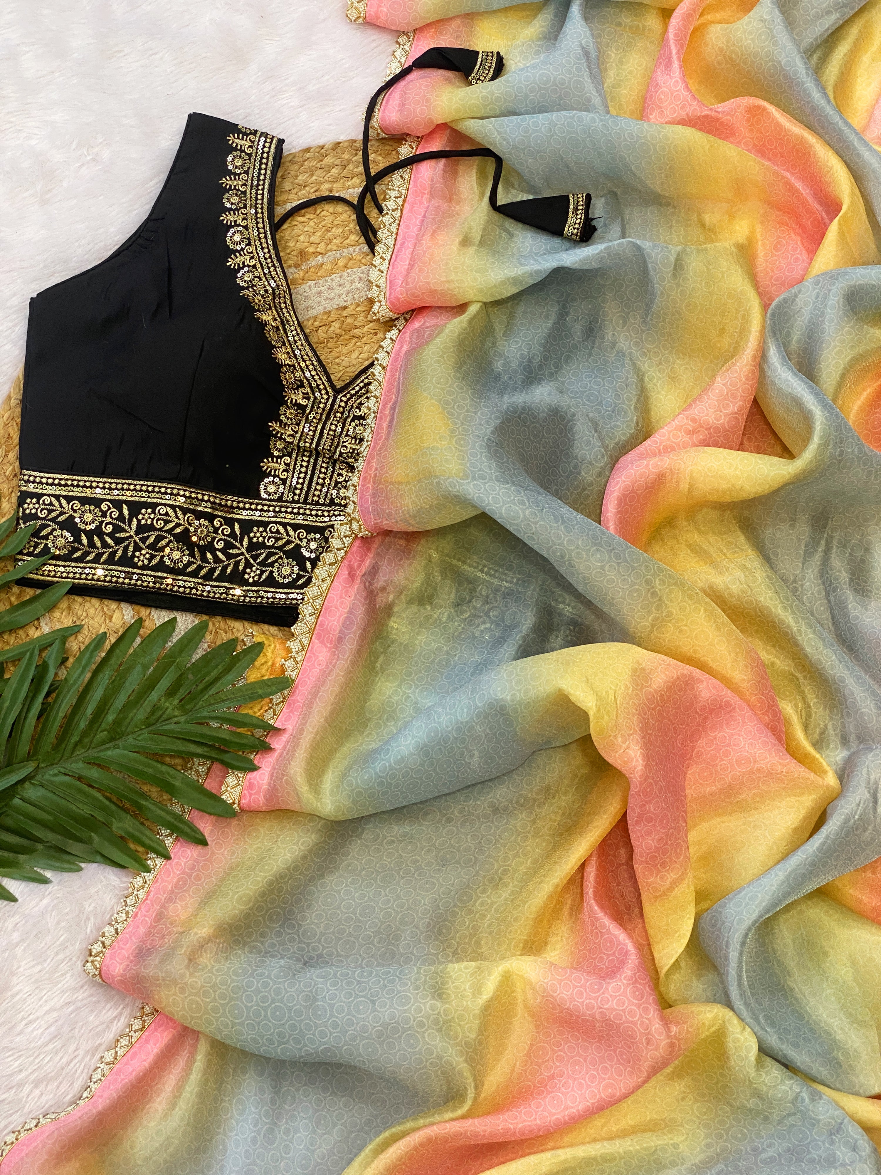 Designer Space Silk Saree with Valmoti Work & Ready Blouse