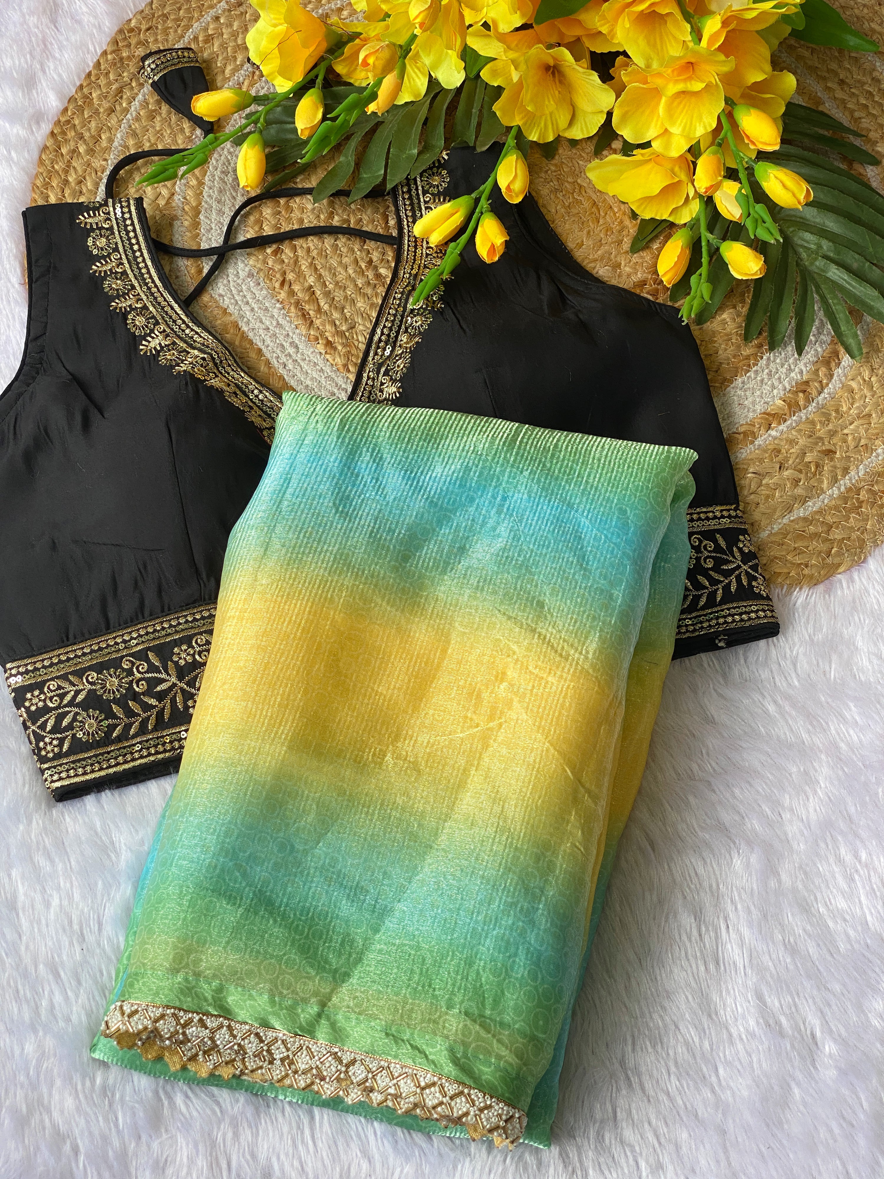 Designer Space Silk Saree with Valmoti Work & Ready Blouse