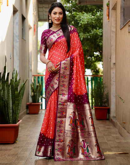 Wine & Gajari Pink Dola Silk Bandhani Saree With Weaving Border