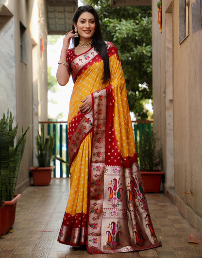 Red & Orange Dola Silk Bandhani Saree With Weaving Border