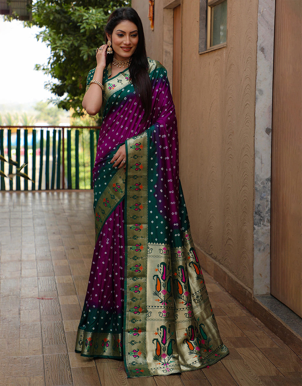 Dark Green & Magenta Dola Silk Bandhani Saree With Weaving Border